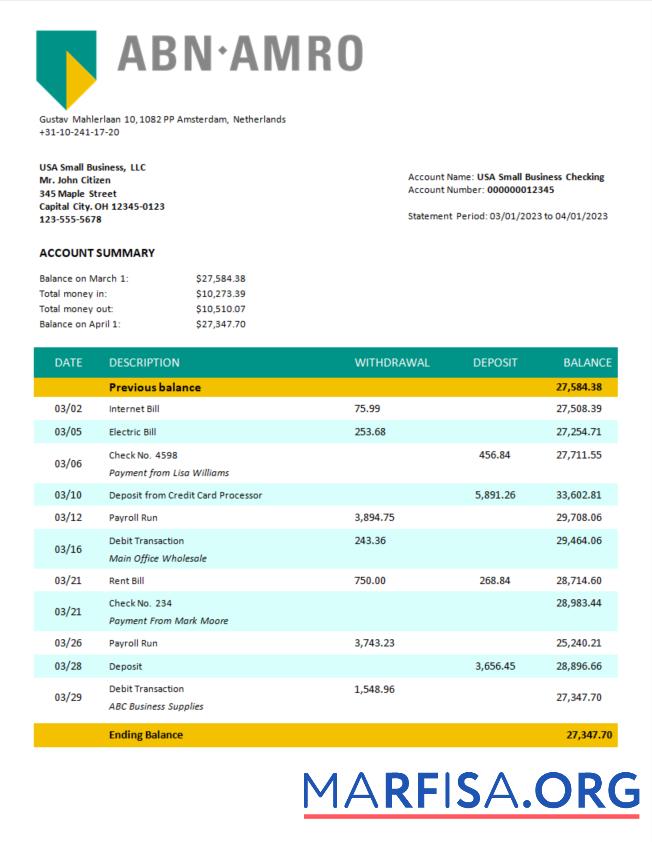 Downloadable ABN Amro Bank company checking account statement Word and PDF template